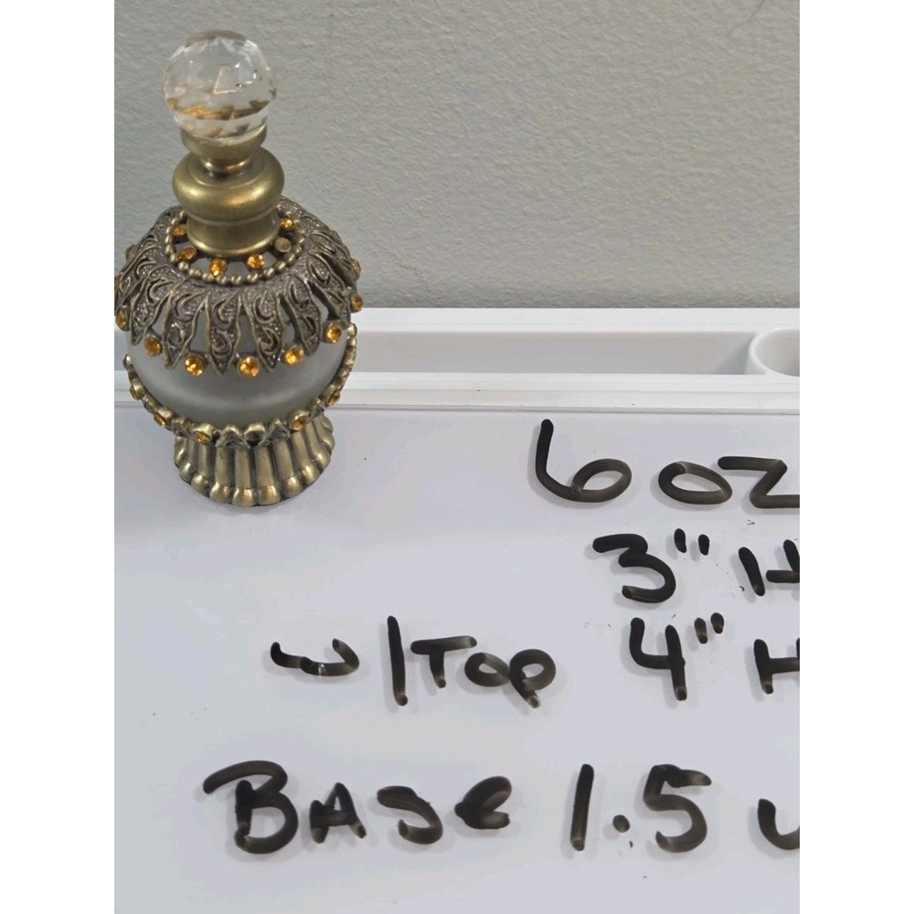 Filigree Perfume Bottle Frosted Glass Gold Tone Rhinestones Crystal Ball Top - Picture 2 of 6